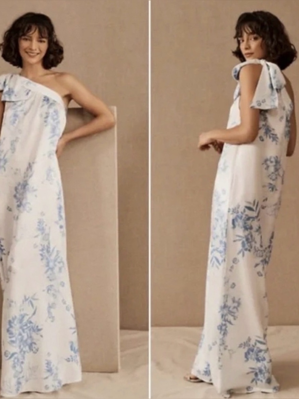 BHLDN x Free People White One-Shoulder Floral Gown with Blue Print
